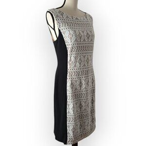 Anne Klein Black w/ White Crocheted Lace Nude Lining Sleeveless Sheath Dress 14
